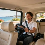 Taxis à Saint-Tropez lors d'une course luxueuse avec un chauffeur professionnel et des vues côtières pittoresques.