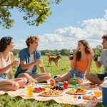 Friends enjoying hard soda at a vibrant summer picnic with snacks and bright sunshine.