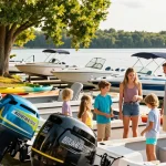 Family exploring boat motors for sale at Mountain Trout House Marina on Kawagama Lake.