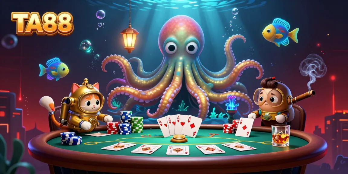 Experience TA88 gaming action with a colossal kraken and lively poker scene.