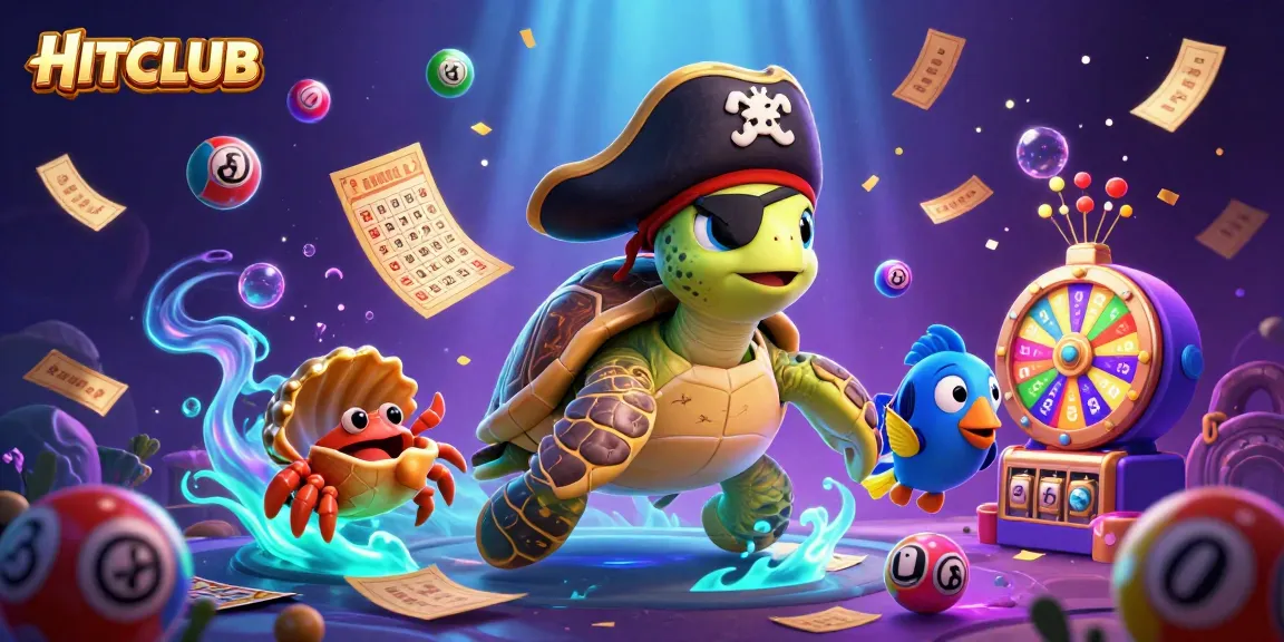 Experience thrilling gaming at HITCLUB with vibrant lottery balls, treasure, and engaging characters.
