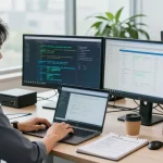 Engaging scene of remote IT support for small business with technician managing systems in a modern office.