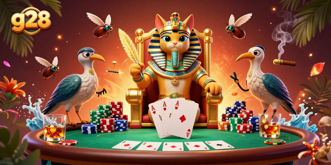 Engage in thrilling poker action with g28, showcasing an Egyptian pharaoh cat and vibrant casino elements.