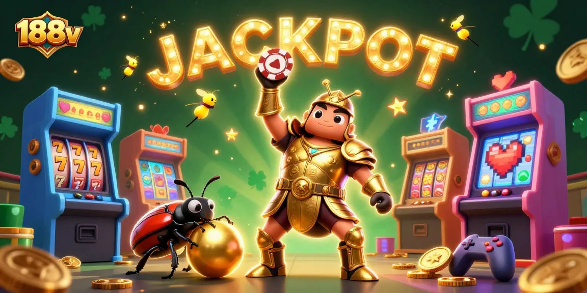 Spin the reels at 188v as the victorious beetle lifts a poker chip, celebrating a big jackpot win.