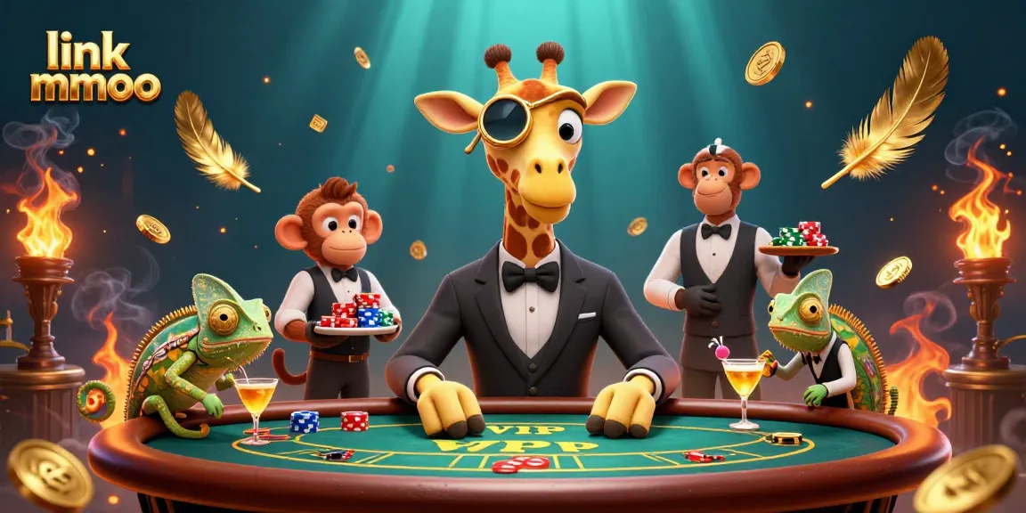 Engage with link mmoo as the high-roller giraffe enjoys a VIP poker game amidst golden coins and dynamic casino elements.