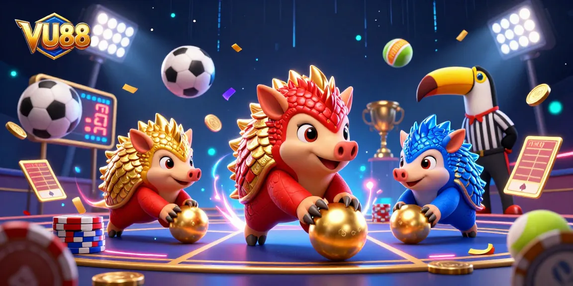 Join the fun at VU88 as rival pangolins bowl through poker chips in a dynamic casino scene.