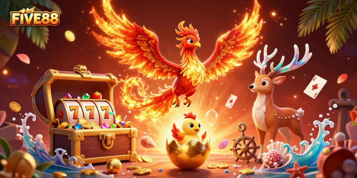 Experience the thrill with FIVE88: 3D-rendered lively casino scene featuring fiery characters and slot games.