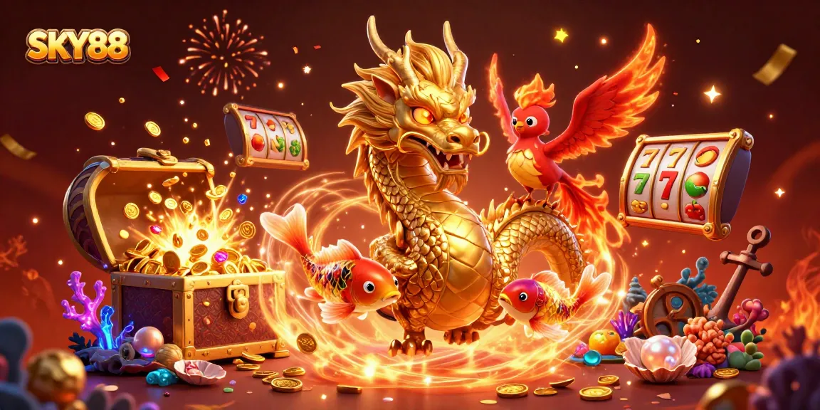 Join SKY88 in a vibrant 3D illustration featuring a powerful dragon, phoenix, and gold coins amidst a lively casino scene.