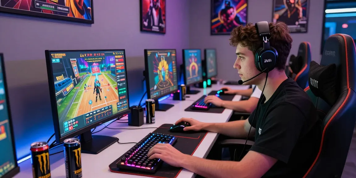 Engaged gamer exploring iwin online casino games with a vibrant setup.