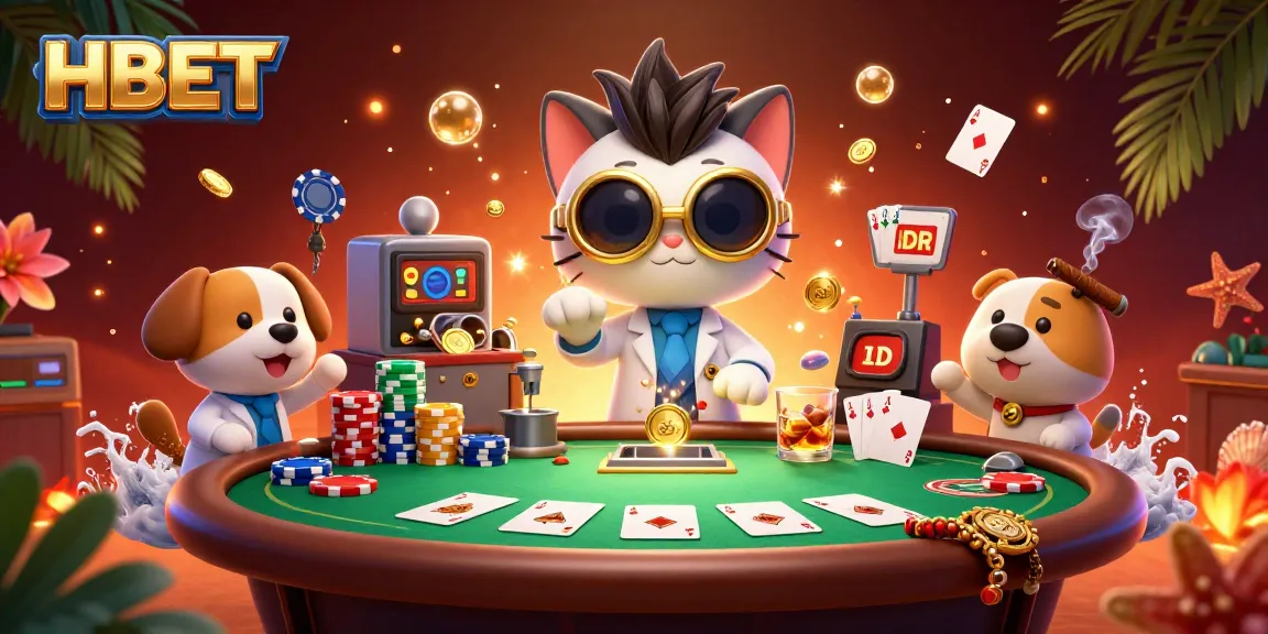 Experience HBET's thrilling casino scene with a mad scientist cat and lab assistant amidst vibrant poker excitement.
