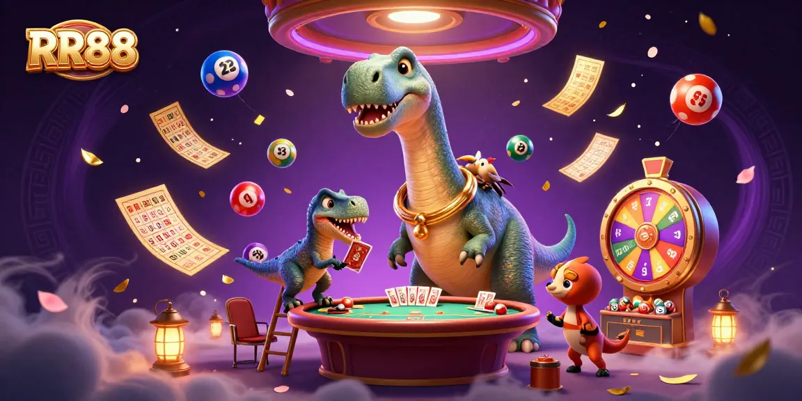 Experience the thrills of RR88 with a lively brontosaurus and a clever raptor in a whimsical casino scene.