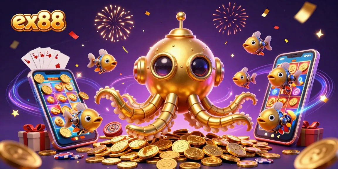 Engage with ex88 in this colorful 3D casino scene featuring a golden kraken submarine and vibrant slot elements.