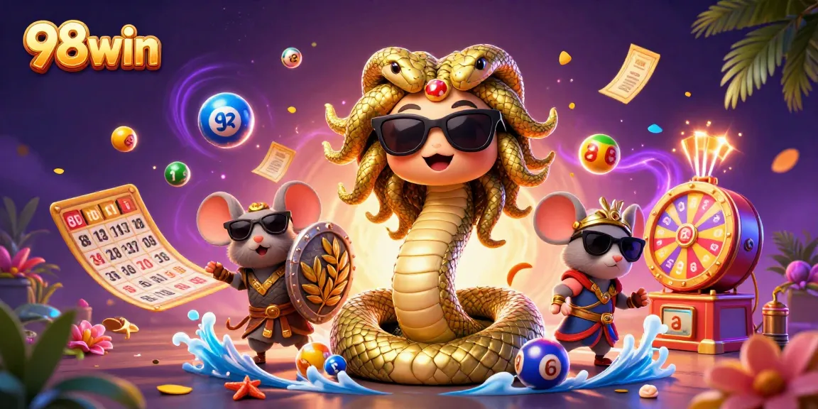Engage with vibrant gambling action at 98win, featuring Medusa and a warrior mouse amidst festive lottery elements.