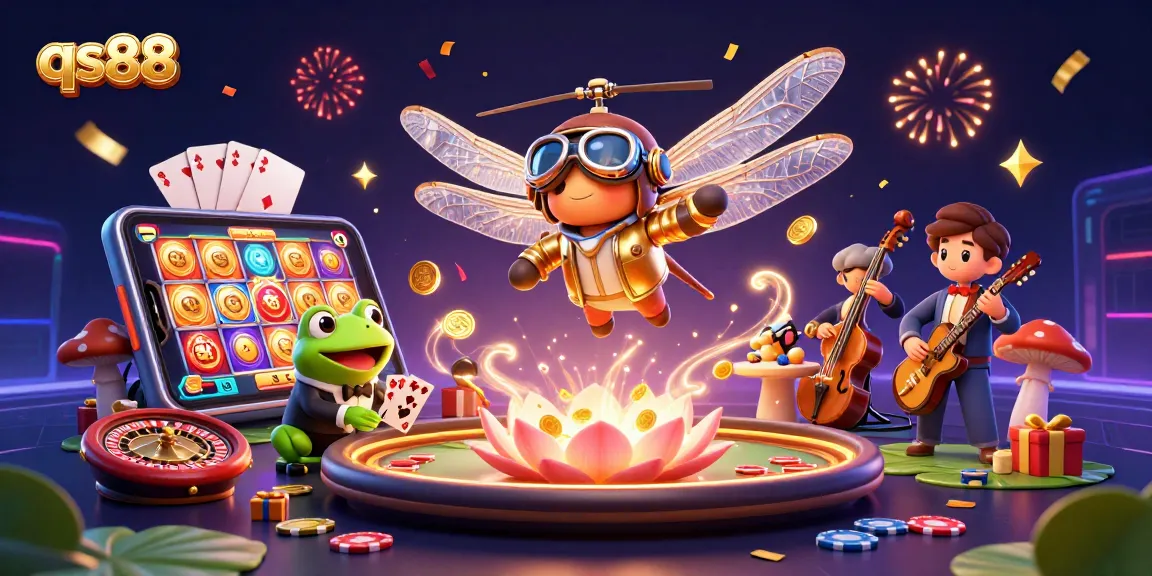 Experience excitement at qs88 with a dragonfly pilot, frog croupier, and jazz musicians in a lively casino scene.