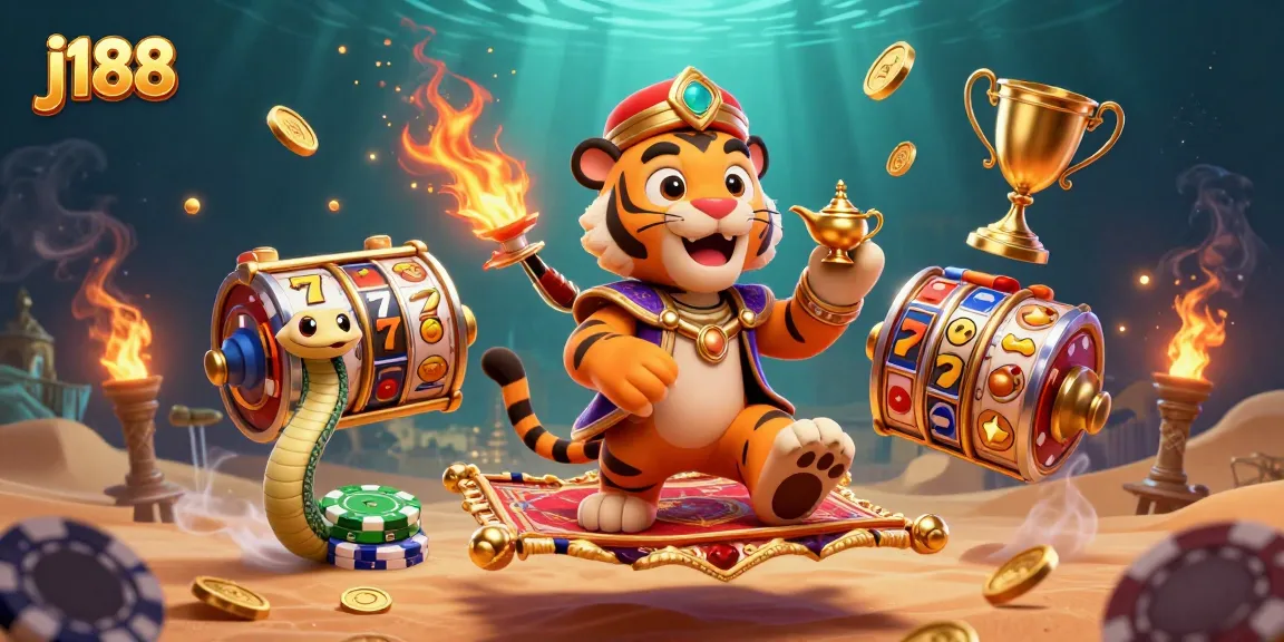 Experience thrilling jackpots at j188 with an ultra-detailed scene showcasing vibrant casino elements and characters.