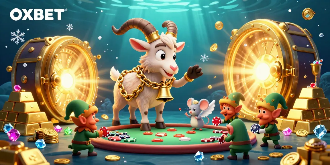 Experience the thrilling atmosphere of OXBET's casino with lively characters and gleaming treasures.