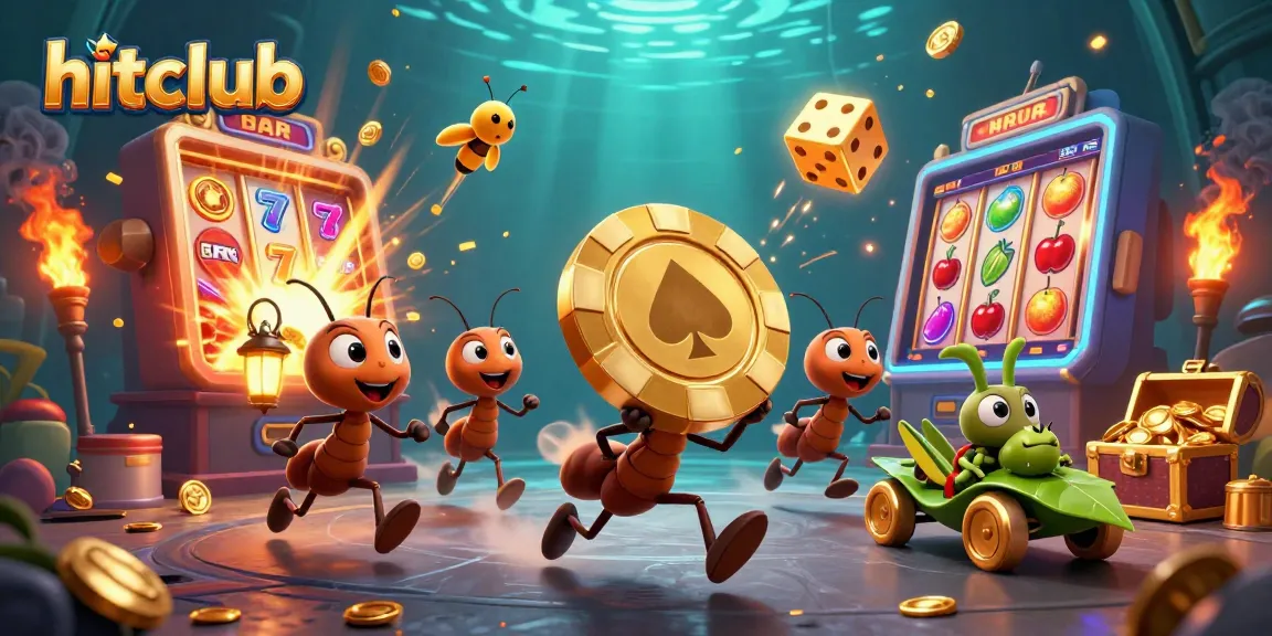 Visit hitclub for thrilling casino action with a 3D illustration of ants heisting a golden poker chip amidst rich casino elements.