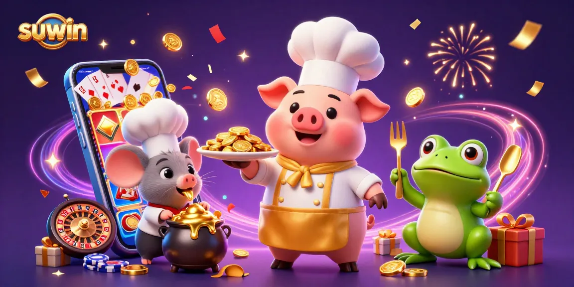 Experience the thrill of suwin's vibrant game world, featuring gold coins, slots, and festive celebration.