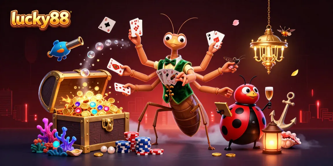 Experience exciting gameplay at lucky88 with a 3D cartoon giant praying mantis card sharp and ladybug pit boss.