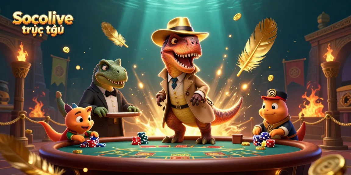 Bet on Socolive trực tiếp with vibrant cartoon dinosaurs in a dynamic casino scene.