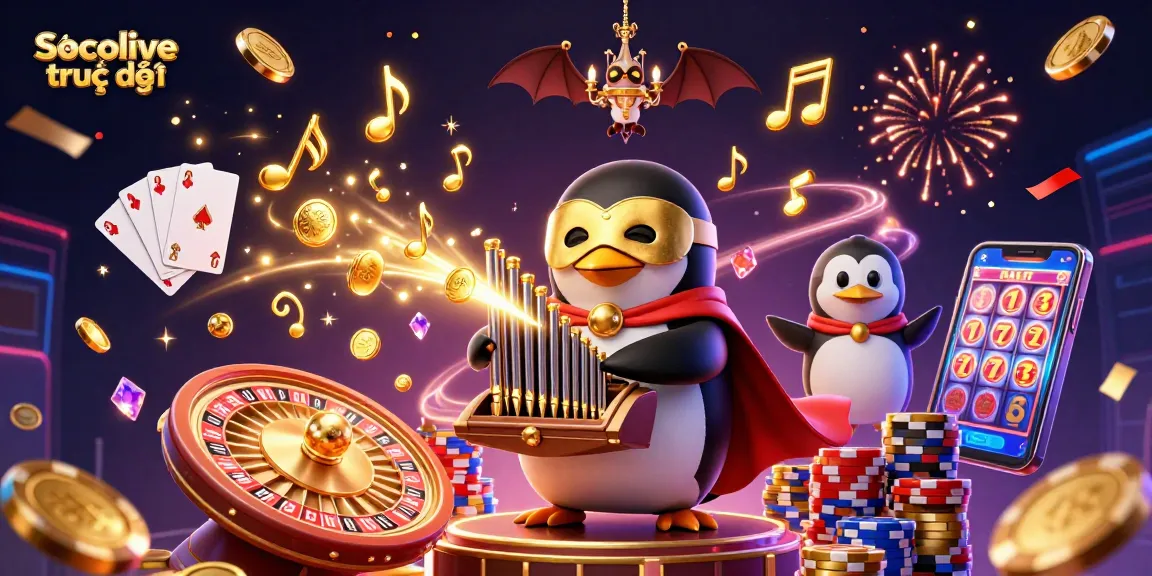 Socolive trực tiếp showcases an exciting illustration of a penguin playing an organ with golden coins, symbolizing thrilling online gambling.