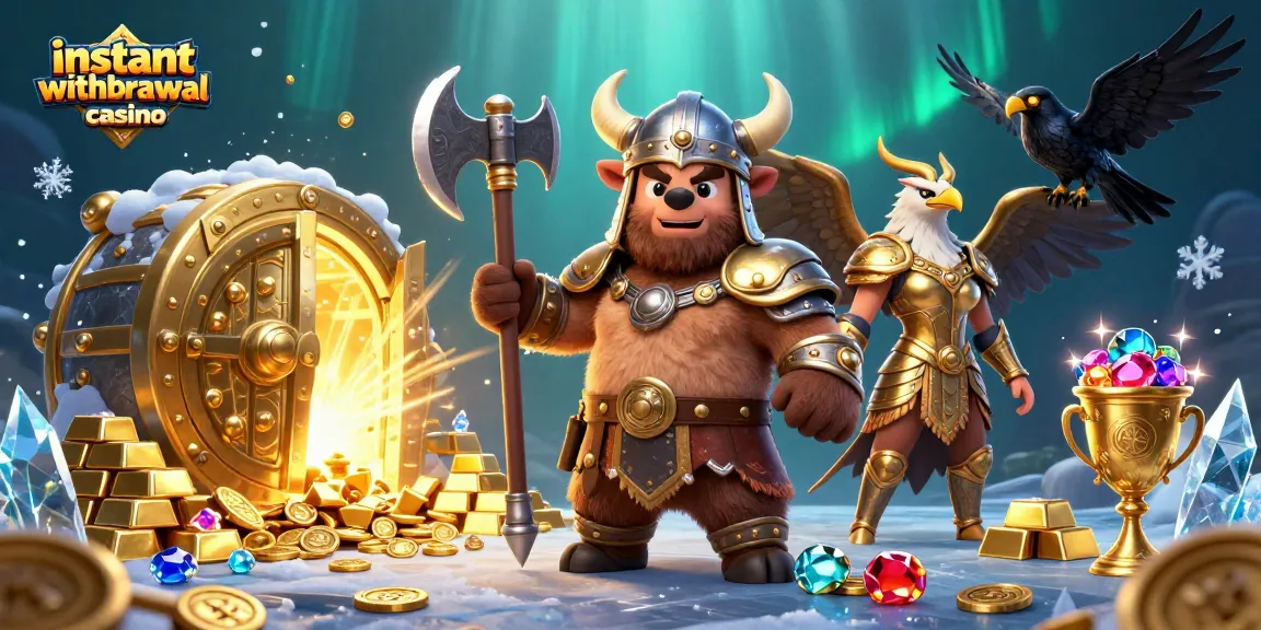 Experience instant withdrawal casino thrill with cartoon Viking bear and Valkyrie eagle surrounded by treasures.