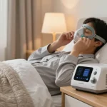 Person adjusting cpap machines accessories in a cozy bedroom setting with soft lighting and sleep health elements.