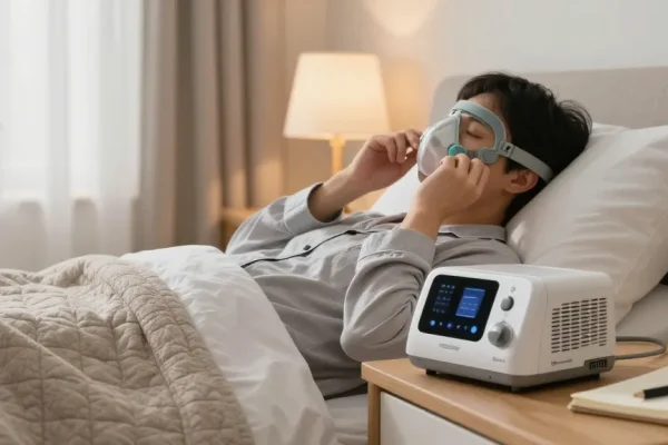 Person adjusting cpap machines accessories in a cozy bedroom setting with soft lighting and sleep health elements.