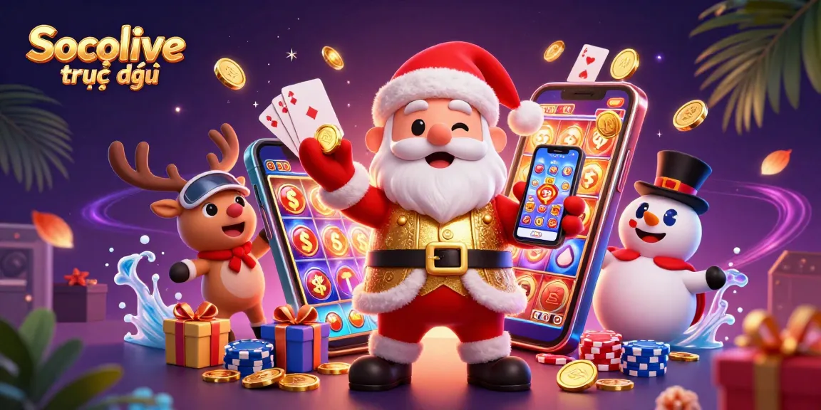 Experience thrilling gameplay with Socolive trực tiếp as Santa Claus showcases jackpot slots and festive gambling excitement.